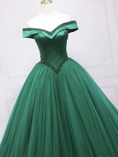 Gorgeous Off Shoulder Beaded Green Long Prom Dresses, Green Formal Evening Dresses, Ball Gown SP2517