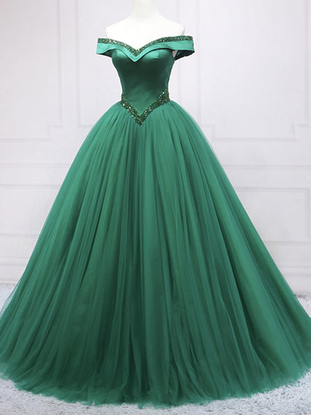 Gorgeous Off Shoulder Beaded Green Long Prom Dresses, Green Formal Evening Dresses, Ball Gown SP2517