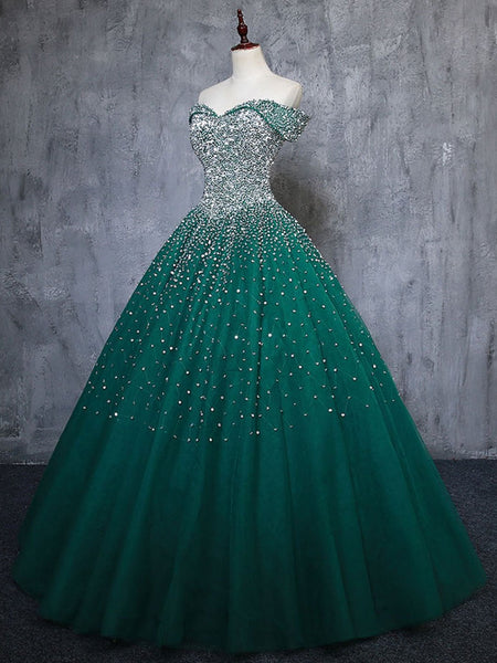 Gorgeous Off Shoulder Beaded Green Tulle Long Prom Dresses, Beaded Green Formal Evening Dresses, Beaded Ball Gown SP2197