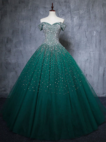 Gorgeous Off Shoulder Beaded Green Tulle Long Prom Dresses, Beaded Green Formal Evening Dresses, Beaded Ball Gown SP2197