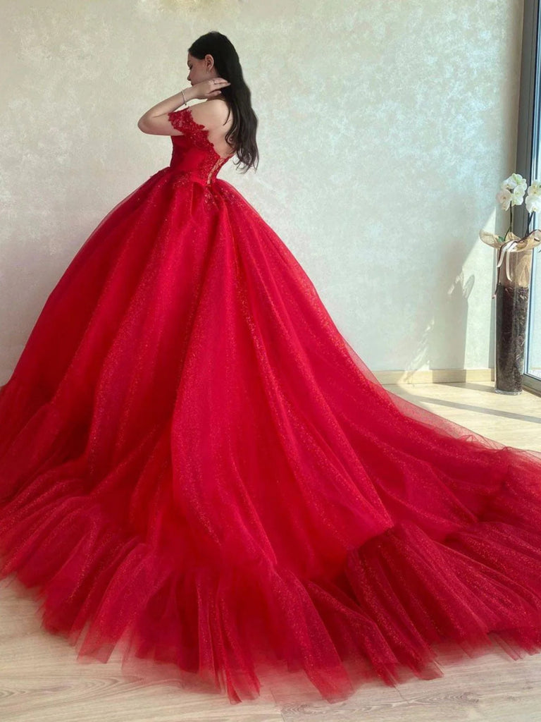 Gorgeous Off Shoulder Beaded Red Tulle Long Prom Dresses, Red