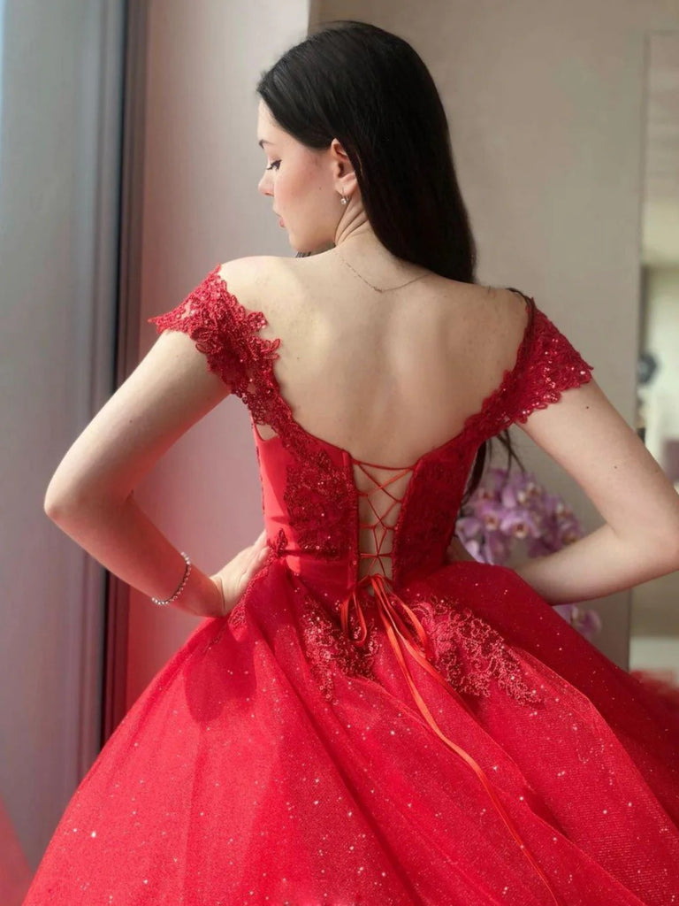 Passion Red Queen Style Sleeves Red Sparkle Ball Gown Wedding Dress With  Beadings, Glitter Tulle & Train Various Styles - Etsy | Modest red prom  dress, Gowns, Ball gowns