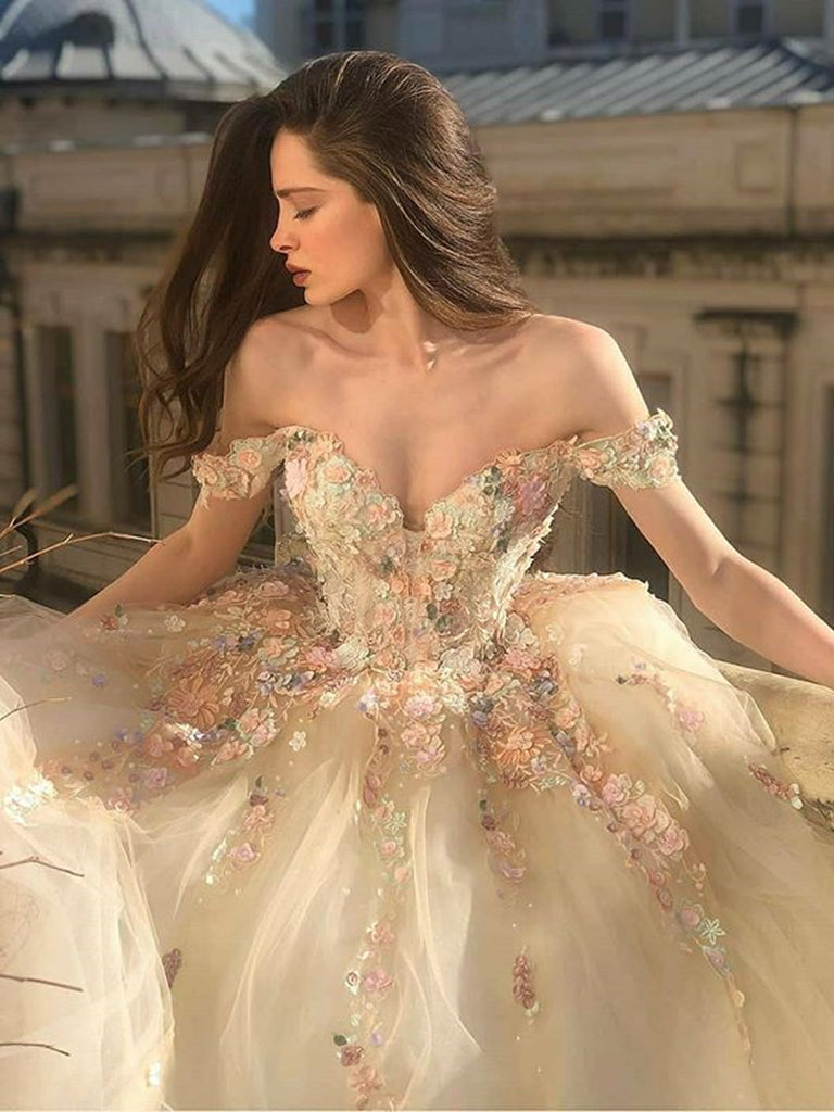 Gorgeous Off Shoulder Long Champagne Lace Floral Prom Dresses, Off Shoulder Champagne Formal Dresses, Floral Evening Dresses