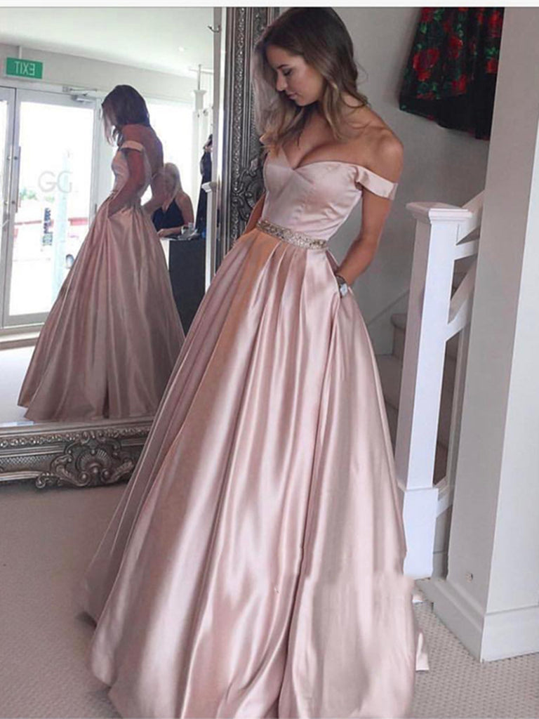 Gorgeous Off Shoulder Pink Prom Dresses, Pink Prom Gown, Evening Dresses