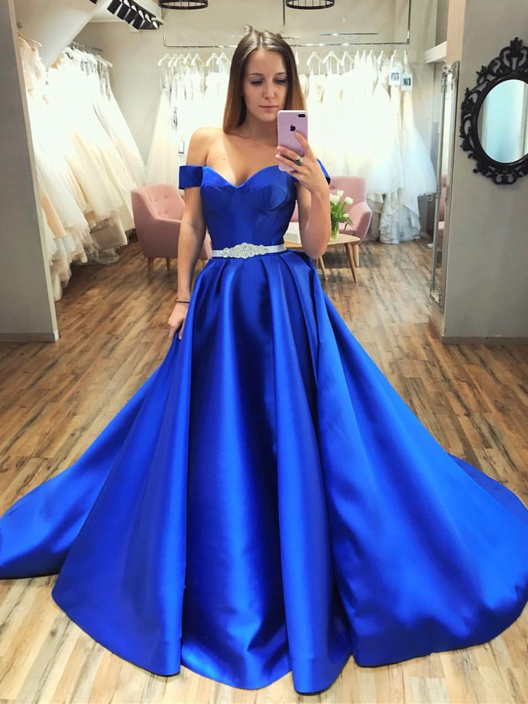A-Line V-Neck Royal Blue Chiffon Long Sleeves Prom Dress with Applique –  Pgmdress