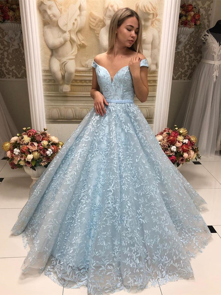 Gorgeous Off Shoulder Sky Blue Lace Long Prom Dresses, Sky Blue Lace Formal Evening Dresses, Blue Ball Gown