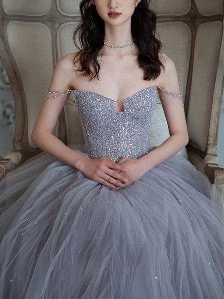 Gorgeous Off the Shoulder Gray Beaded Long Prom Dresses, Off Shoulder Gray Formal Evening Dresses, Beaded Gray Ball Gown