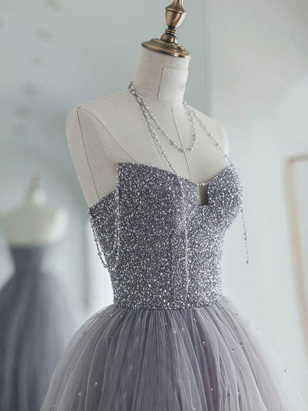 Gorgeous Off the Shoulder Gray Beaded Long Prom Dresses, Off Shoulder Gray Formal Evening Dresses, Beaded Gray Ball Gown