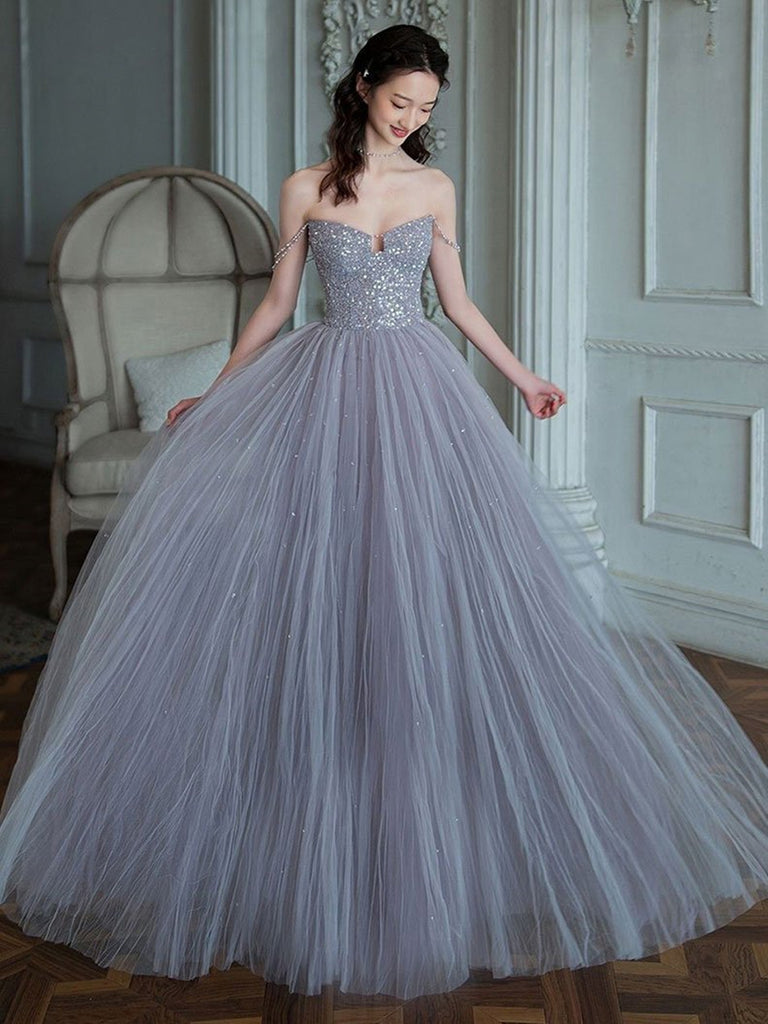 2 Pieces Beaded Grey V Neck Tulle Long Ball Gown Prom Dresses –  Laurafashionshop