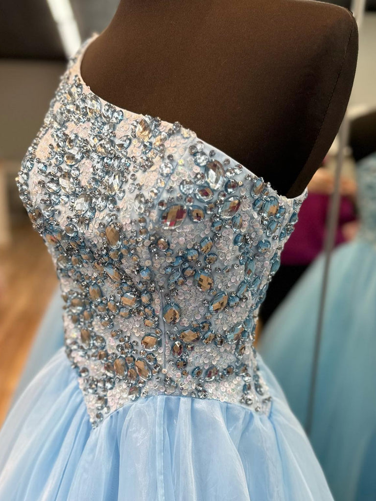 Gorgeous One Shoulder Beaded Blue Long Prom Dresses, Beaded Blue Forma Shiny Party Gorgeous One Shoulder Beaded Blue Long Prom Dresses, Beaded Blue Forma Shiny Party