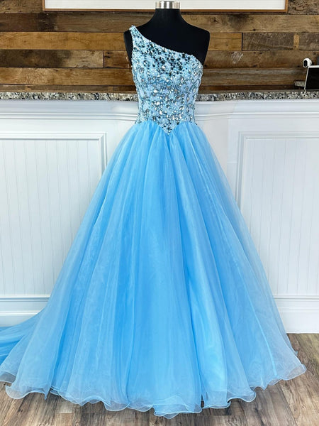 Gorgeous One Shoulder Beaded Blue Long Prom Dresses, Beaded Blue Formal Evening Dresses, Ball Gown SP2548