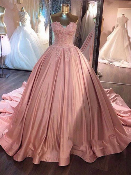 Gorgeous Pink Sweetheart Neck Lace Prom Dresses, Pink Lace Evening Dresses, Pink Formal Dresses