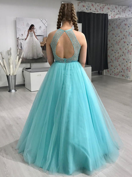 Gorgeous Round Neck Green Beaded Long Prom Dresses, Long Green Formal Evening Dresses
