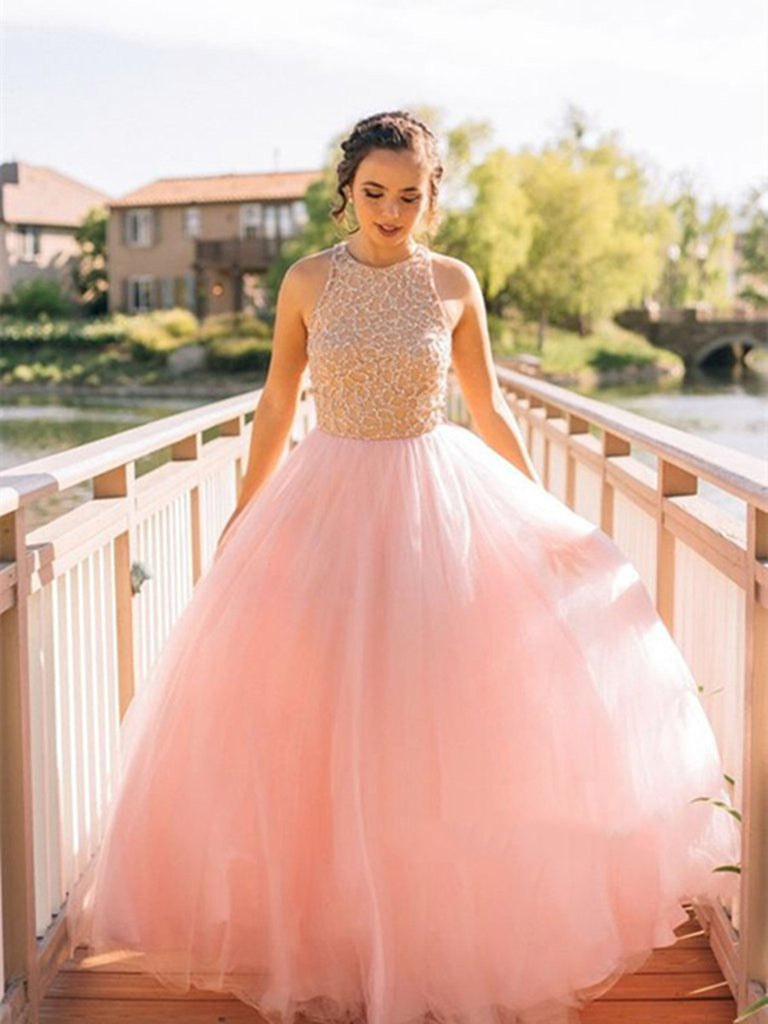 Gorgeous Round Neck Pink Prom Dresses, Pink Formal Dresses, Pink Prom Gown