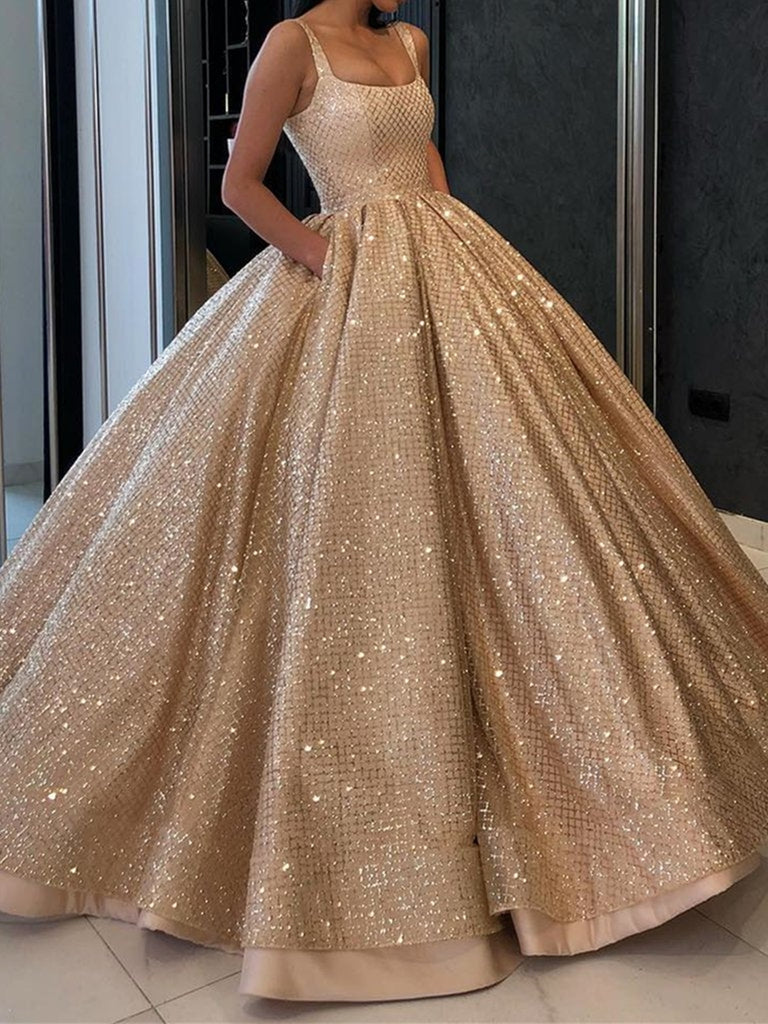 Gorgeous Sequins Golden Long Prom Gown with Pockets, Bling Bling Golde Shiny Party Gorgeous Sequins Golden Long Prom Gown with Pockets, Bling Bling Golde Shiny Party