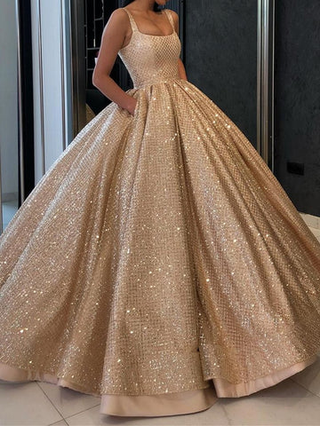 Gorgeous Sequins Golden Long Prom Gown with Pockets, Bling Bling Golden Prom Dresses, Golden Formal Dresses, Evening Dresses