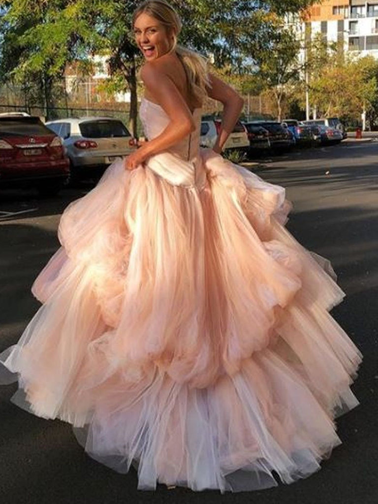 Gorgeous Strapless Layered Light Pink Tulle Long Prom Dresses, Light P Shiny Party Gorgeous Strapless Layered Light Pink Tulle Long Prom Dresses, Light P Shiny Party