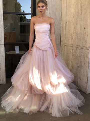 Gorgeous Strapless Layered Light Pink Tulle Long Prom Dresses, Light Pink Tulle Formal Graduation Evening Dresses SP2390