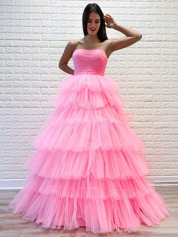 Gorgeous Strapless Layered Pink Long Prom Dresses, Pink Formal Evening Dresses, Layered Pink Ball Gown