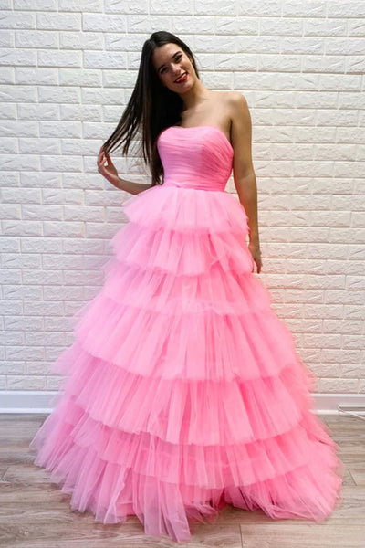 Gorgeous Strapless Layered Pink Tulle Long Prom Dresses, Pink Tulle Formal Evening Dresses SP2384
