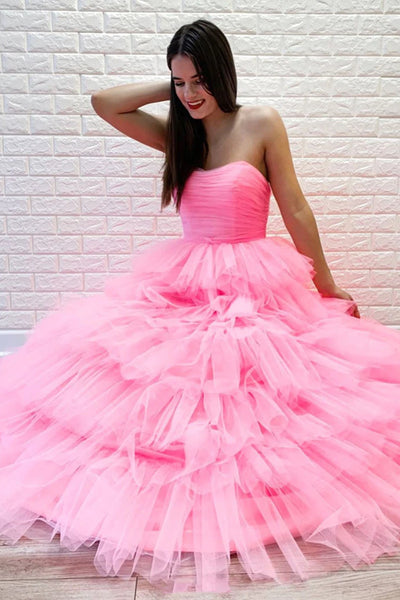Gorgeous Strapless Layered Pink Tulle Long Prom Dresses, Pink Tulle Formal Evening Dresses SP2384