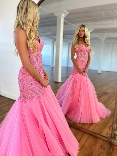 Gorgeous Strapless Mermaid Pink Lace Floral Long Prom Dresses, Mermaid Pink Formal Evening Dresses, Pink Lace Ball Gown SP2547