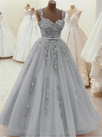 Gorgeous Sweetheart Neck Beaded Gray Lace Prom Dresses, Gray Lace Formal Dresses, Gray Evening Dresses