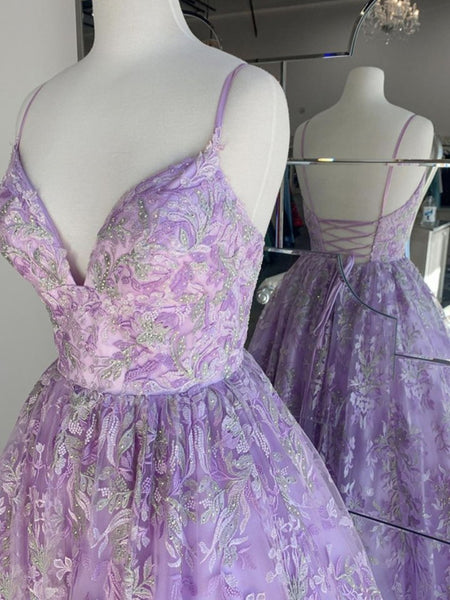 Gorgeous V Neck Backless Beaded Purple Lace Long Prom Dresses, Lilac Lace Formal Dresses, Purple Evening Dresses