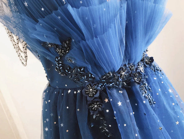 Gorgeous V Neck Beaded Blue Long Prom Dresses, Long Blue Formal Evening Dresses, Beaded Ball Gown SP2645