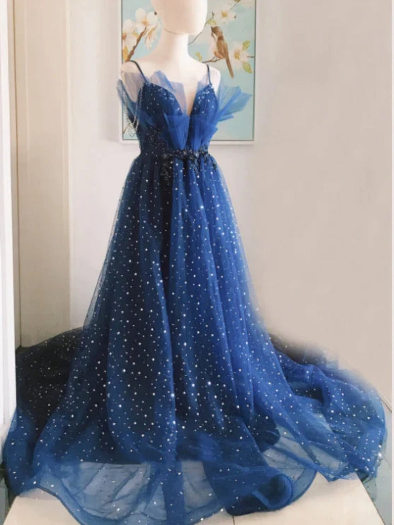 Gorgeous V Neck Beaded Blue Long Prom Dresses, Long Blue Formal Evening Dresses, Beaded Ball Gown SP2645