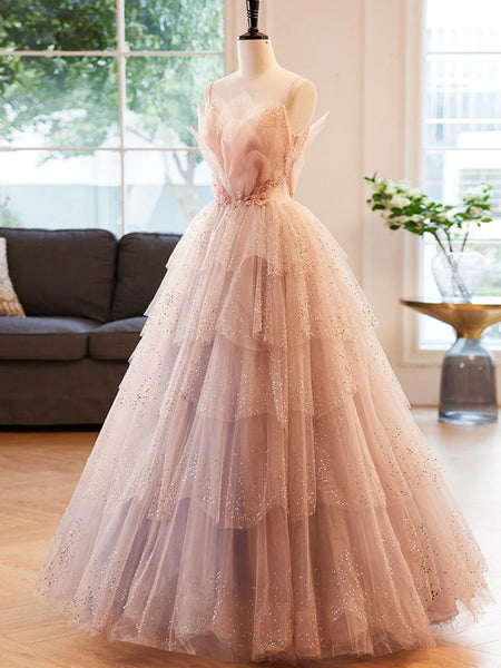 Gorgeous V Neck Beaded Layered Champagne Tulle Long Prom Dresses, Champagne Formal Evening Dresses, Ball Gown SP2568