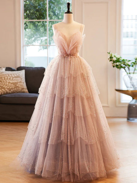Gorgeous V Neck Beaded Layered Champagne Tulle Long Prom Dresses, Champagne Formal Evening Dresses, Ball Gown SP2568