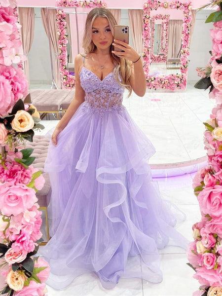 Gorgeous V Neck Beaded Purple Lace Floral Long Prom Dresses, Purple Lace Formal Dresses, Lilac Tulle Evening Dresses SP2405