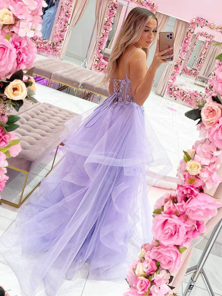 Gorgeous V Neck Beaded Purple Lace Floral Long Prom Dresses, Purple Lace Formal Dresses, Lilac Tulle Evening Dresses SP2405