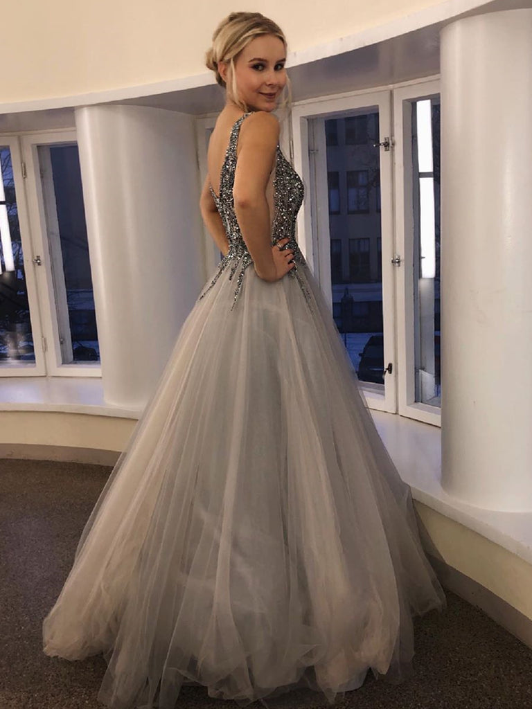 Gorgeous V Neck Beaded Silver Grey Long Prom Dresses, Silver Grey Bead Shiny Party Gorgeous V Neck Beaded Silver Grey Long Prom Dresses, Silver Grey Bead Shiny Party