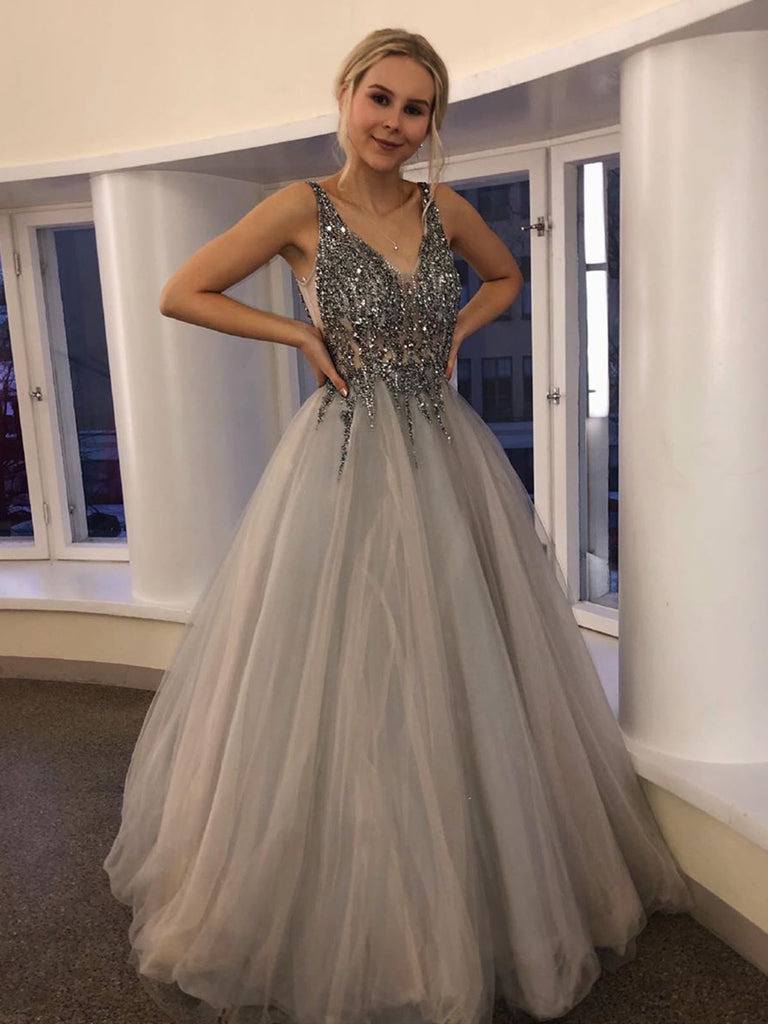 Gorgeous V Neck Beaded Silver Grey Long Prom Dresses, Silver Grey Bead Shiny Party Gorgeous V Neck Beaded Silver Grey Long Prom Dresses, Silver Grey Bead Shiny Party