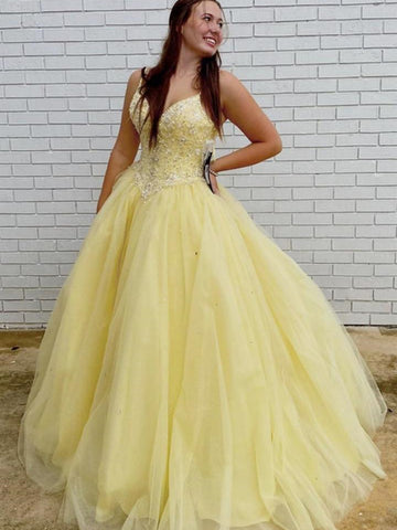 Gorgeous V Neck Beaded Yellow Long Prom Dresses, V Neck Yellow Formal Dresses, Yellow Evening Dresses, Ball Gown