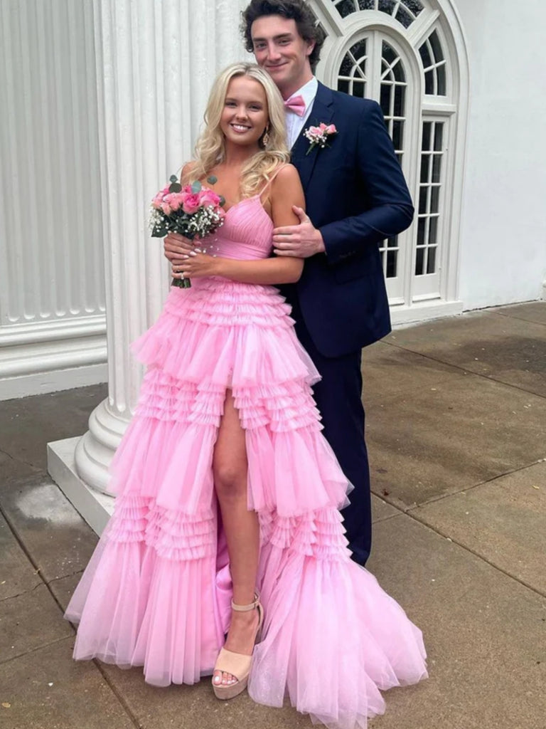 Gorgeous V Neck Layered Pink Tulle Long Prom Dresses with High Slit, L ...