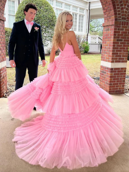Gorgeous V Neck Layered Pink Tulle Long Prom Dresses with High Slit, Long Pink Tulle Formal Evening Dresses SP2661