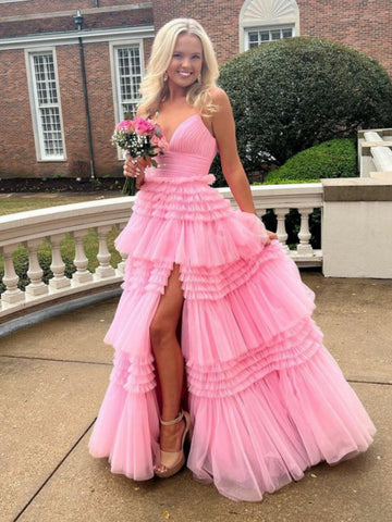 Gorgeous V Neck Layered Pink Tulle Long Prom Dresses with High Slit, Long Pink Tulle Formal Evening Dresses SP2661