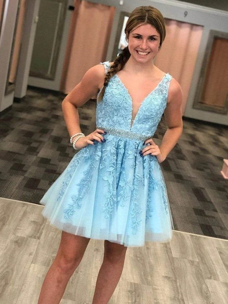 Gorgeous V Neck Light Blue Lace Short Prom Dresses with Belt, Light Bl Shiny Party Gorgeous V Neck Light Blue Lace Short Prom Dresses with Belt, Light Bl Shiny Party