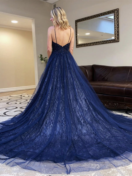 Gorgeous Deep V Neck Sequins Backless Navy Blue Lace Long Prom Dresses 2020, Backless Navy Blue Lace Formal Dresses, Navy Blue Evening Dresses