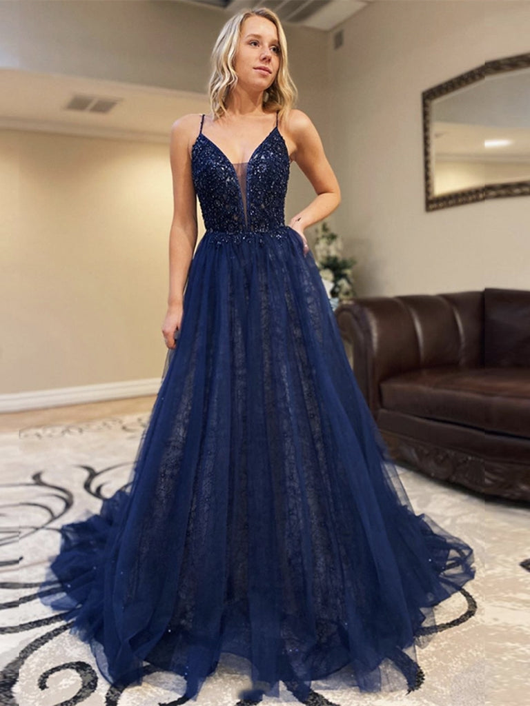 Gorgeous Deep V Neck Sequins Backless Navy Blue Lace Long Prom Dresses 2020, Backless Navy Blue Lace Formal Dresses, Navy Blue Evening Dresses Gorgeous Deep V Neck Sequins Backless Navy Blue Lace Long Prom Dresses 2020, Backless Navy Blue Lace Formal Dresses, Navy Blue Evening Dresses