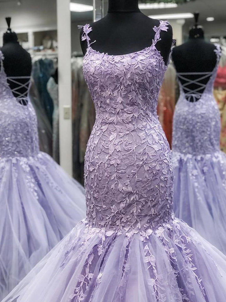 Gorgeous Mermaid Backless Purple Lace Prom Dresses, Mermaid Lace Purple Formal Dresses, Purple Lace Evening Dresses