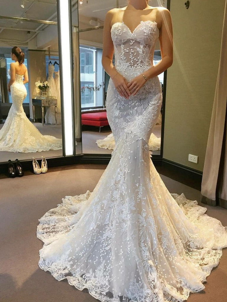 Gorgeous Strapless Mermaid Backless White Lace Wedding Dresses Long Pr –  Shiny Party