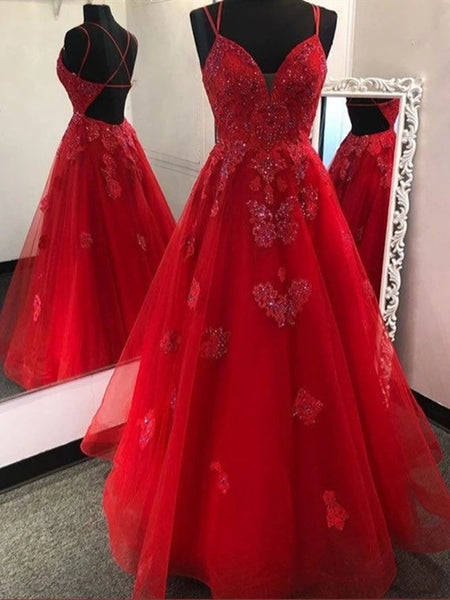 Gorgeous V Neck Backless Red Lace Appliques Prom Dresses, Backless Red Lace Formal Dresses, Red Lace Evening Dresses, Red Ball Gown