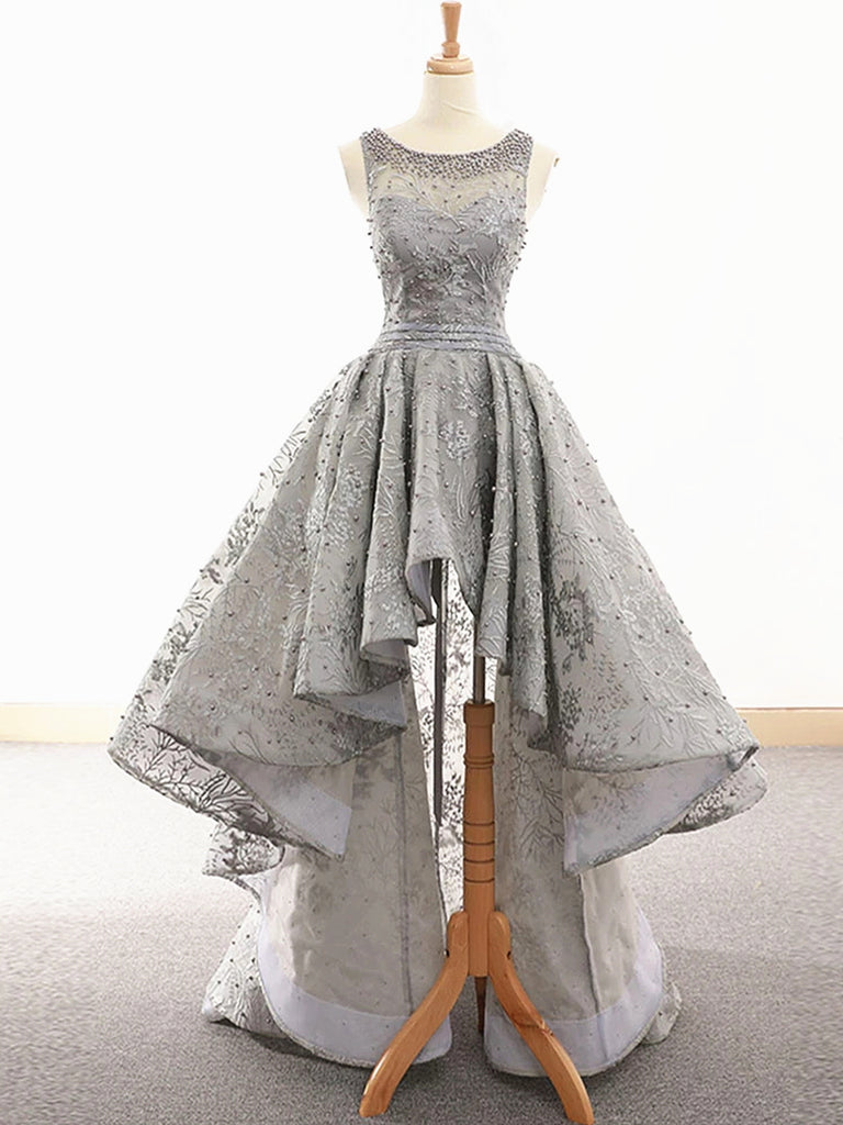 Gray Lace High Low Prom Dresses, Grey High Low Lace Formal Graduation Shiny Party Gray Lace High Low Prom Dresses, Grey High Low Lace Formal Graduation Shiny Party