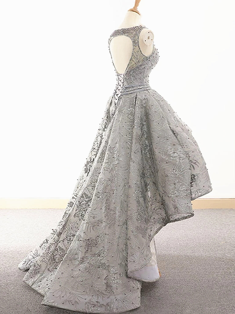 Gray Lace High Low Prom Dresses, Grey High Low Lace Formal Graduation Shiny Party Gray Lace High Low Prom Dresses, Grey High Low Lace Formal Graduation Shiny Party