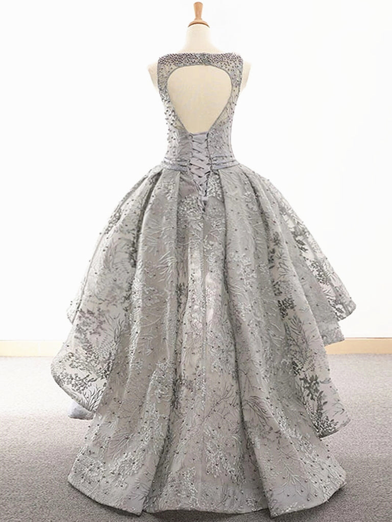 Gray Lace High Low Prom Dresses, Grey High Low Lace Formal Graduation – Shiny Party Gray Lace High Low Prom Dresses, Grey High Low Lace Formal Graduation – Shiny Party