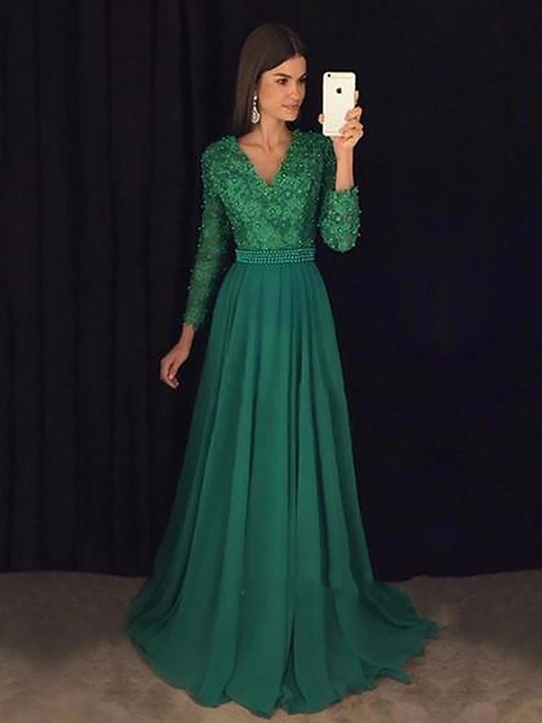 Green A Line V Neck Emerald Green Long Sleeves Prom Dress, Green Forma – Shiny Party Green A Line V Neck Emerald Green Long Sleeves Prom Dress, Green Forma – Shiny Party